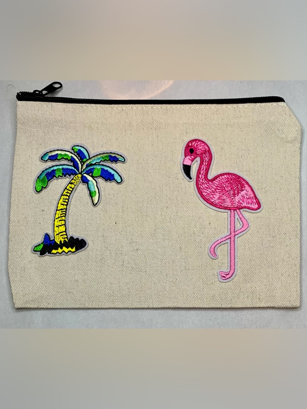 Hand Crafted Beige Canvas Cosmetic Pouch with Pink Flamingo & Green Palm Tree